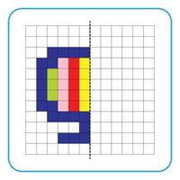 bild reflektion pedagogiskt spel för barn. lära sig att fylla i symmetriska arbetsblad för förskoleverksamhet. målarbilder, visuell perception och pixelkonst. avsluta skärmen. vektor