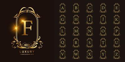 bokstaven f eller samling initiala alfabetet med lyx prydnad blommig ram gyllene logotyp mall. vektor