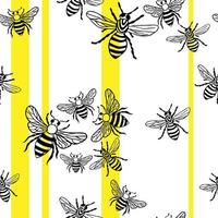 Bienen nahtloses, endloses Vektormuster mit gelben Streifen. handgezeichnete insekten, wespen im stil von gekritzeln. Vektor. liner art bienentapete in modernem design. umweltfreundliche, organische Modetextilien vektor