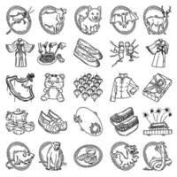 kinesiska nyåret tillbehör och feng shui symboler set ikon vektor doodle handritad eller kontur ikon stil.