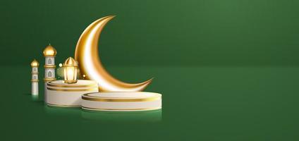 realistiskt 3d islamiskt firande med arabisk prydnad och produktpodium i grön bakgrund. ramadan kareem illustration för reklam, försäljning, online shopping och marknadsföring vektor