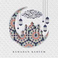 vacker ramadan kareem i pappersklippt stil med arabisk kalligrafi, arabeskmönster, halvmåne, moské och lyktorprydnad. ramadan kareem i arabisk kalligrafi vektor