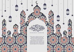 schöner ramadan kareem im papierschnittstil mit arabischer kalligrafie, arabeskenmuster, moschee und islamischem ornament. Ramadan Kareem in arabischer Kalligrafie vektor
