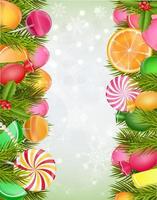 Süßigkeiten Hintergrund mit Lutscher, Süßigkeiten, Gummibärchen, Orangenscheibe und Kiefernbaum. Vektor