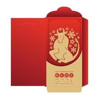 chinesisches neujahrsgrußgeld rotes paket und design. roter und goldener papierschnitt-ochsencharakter im yin- und yang-konzept, blumen- und asiatischer handwerkspapierschnittstil. chinesische übersetzung - frohes neues jahr. vektor