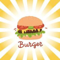 Streetfood-Schriftzug mit Burger und Strahlen im Retro-Stil auf dem Hintergrund. vektor
