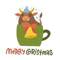baby ko tjur söt karaktär symbol för 2021 års oxe sitter med klocka i grön kopp för varm dryck med en snöflinga. jul, nyår, vinter semester djur karaktär. platt vektor illustration.