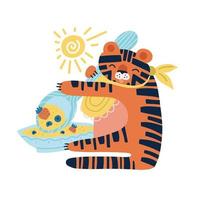 baby tiger äta gröt med stor sked isolerad på vit bakgrund. platt handritad vektorillustration. god morgon print vektor