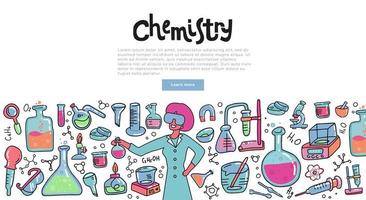 wissenschaftlerfrau mit einem chemieglas, das die chemische reaktion erklärt. bildungskonzept der chemiewissenschaft für banner. Doodle-Vektor-Farbillustration vektor