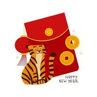 2022 cny banner eller gratulationskort. mynt i stort rött kuvert med tigerkaraktär och vårfestföremål. platt vektorillustration med skriftliga bokstäver vektor