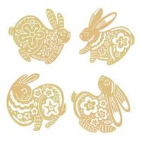 satz chinesische kaninchen. Sammlung von goldenen Hasen isoliert auf weißem Hintergrund. Symbol des Jahres 2023 mit Blumenschmuck. Vektor-Papier geschnittene Elemente vektor