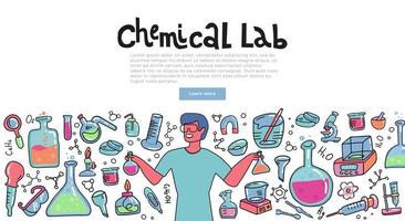 wissenschaftlermann mit einem chemieglas, das die chemische reaktion erklärt. bildungskonzept der chemiewissenschaft für banner. Doodle-Vektor-Farbillustration vektor