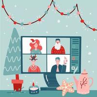 konzept der videokonferenz, webkommunikation. Teambesprechung im Internet. lächelnder mann, frauen arbeiten remote und führen virtuelle weihnachtsdiskussionen. Vektor flache Illustration Cartoon-Stil. Tisch mit Bildschirm.