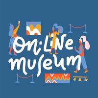 museum online handritad bokstäver banner. typografi emblem med människor, bilder komposition. text kalligrafi inskription kortdesign. coronavirus begreppet vykort. isolerade vektor illustration