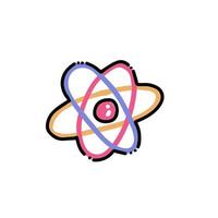 Physik Wissenschaft Umlaufbahn Atom. Atomstruktur-Symbol in flacher Farbe umrissene handgezeichnete kindliche Gekritzelart. Farbgekritzel-Druckkonzept auf weißem Hintergrund. Kinderchemie und Wissenschaft vektor