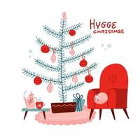roter sessel mit katze und tisch mit tasse tee oder kaffee, teekanne, . geschmückter weihnachtsbaum mit dekorationskugeln und kugeln. flache vektorillustration im skandinavischen stil. vektor