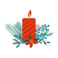 rote Weihnachtskerze, isoliert auf weiss. festliche illustration mit brennender kerze, verziert mit grünen fichtenzweigen, weihnachtsblumenelementen, beeren, mistel und roter poisentia. Vektor flach