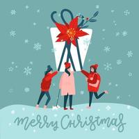 Quadratische Grußkarte mit Baumfrauen, die eine große Geschenkbox tragen. Weihnachten riesiges Geschenk. weibliche menschliche charaktere im freien. flache vektorillustration mit beschriftung. vektor