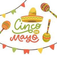 cinco de mayo emblem design med handritade kalligrafi bokstäver, sombrero, flaggor och maracas - symboler för semester. isolerad på vit bakgrund. vektor platt handritad illustration.