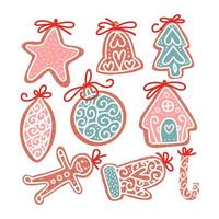 satz weihnachtslebkuchenplätzchen im flachen handgezeichneten stil. süße Speisen mit Seilen für die Tannendekoration. Symbol, Symbol, Logo. weihnachtsbaum, haus, kugel, fäustling, stern. vektor isolierte illustration