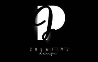 weiße und schwarze buchstaben pj logo mit minimalistischem design. buchstaben p und j mit geometrischer und handschriftlicher typografie. vektor