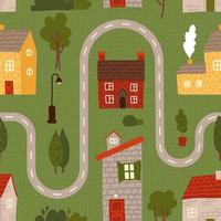 sömlösa mönster - tecknad väg med hus, träd för barn. labyrint tecknad affisch. du kan använda den för att skriva ut på mattan för inredningen av barnrummet. platt vektorillustration. vektor