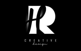 weißes und schwarzes rh-logo mit minimalistischem design. buchstaben r und h mit geometrischer und handschriftlicher typografie. vektor