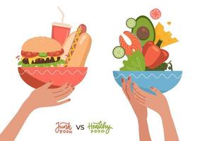 Konzept der Lebensmittelauswahl. Zwei Hände mit gesundem und frischem Gemüse, Fisch, Käse und ungesundem Fast Food. Konzept-Diät - Teller mit Bio-Mahlzeit im Vergleich zu Fast-Food-Teller mit Burger, Hotdog und Soda vektor