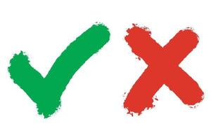 Richtiges und falsches Symbol. hand gezeichnet vom grünen häkchen und vom roten kreuz lokalisiert auf weißem hintergrund. vektorillustration. vektor