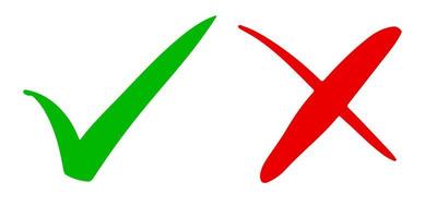 Richtiges und falsches Symbol. hand gezeichnet vom grünen häkchen und vom roten kreuz lokalisiert auf weißem hintergrund. vektorillustration. vektor