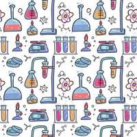 nahtloses muster der dekorativen farbhand gezeichneten wissenschaftlichen experimentausrüstung des chemischen labors lokalisierte vektorillustration. Reihe von Flaschen im Doodle-Stil auf weißem Hintergrund. Chemiewissenschaft für Kinder vektor