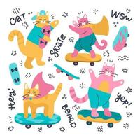 Set von Katzen-Skateboardern und verschiedenen Skateboards. vektorflache illustration lokalisiert auf einem weißen hintergrund mit gekritzeldekor und beschriftung vektor