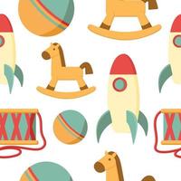 barn leksak vektor sömlösa mönster. häst, pyramid, trumma, boll, docka, kuber, björn, raket, bil bakgrund. barns färgglada struktur för inslagning, tapeter, textil. gröna, röda, orange, bruna färger.