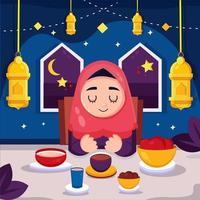 en flicka som ber under iftar ramadan vektor