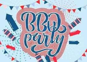 4. juli bbq party schriftzug einladung zum amerikanischen unabhängigkeitstag grillen mit 4. juli dekorationen sternen, flaggen, feuerwerk auf blauem hintergrund. vektor handgezeichnete illustration.