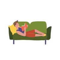 kaukasischer mann, der sich zu hause mit einem buch auf der couch entspannt. junger Mann liest ein Buch auf einem Sofa. glücklicher junger kerl, der zu hause liegt. flache Designillustration des Vektors. quadratischer Grundriss. vektor