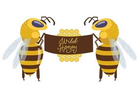 två stora bikaraktärer som står på bakbenen och håller en stor tygskylt. vektor platt handritad illustration med bokstäver vild honung.