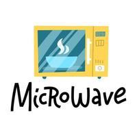 mikrovågsugns logotyp med handritade bokstäver. tecknad illustration av mikrovågsugn vektor ikon för webben.