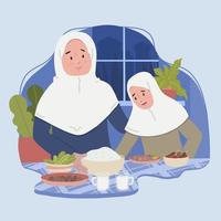 mor och dotter gör sig redo för iftar vektor