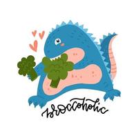 söt och leende dinosauriebitande broccoli. dino älskar grönsaker. hälsosam mat platt vektor koncept med bokstäver citat broccoholic.