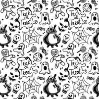 Nahtloser Hintergrund mit Halloween-Elementen, die im Doodle-Stil gezeichnet sind. Gifttränke, Spinnweben, P- und Voodoo-Puppen. monogamer Halloween-Hintergrund. vektor