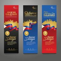 ange vertikal banner formgivningsmall. glad självständighetsdagen Filippinerna modern bakgrund med bandflagga, guldprisband och siluettstad vektor