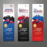 Legen Sie die Designvorlage für vertikale Banner fest. glücklicher unabhängigkeitstag philippinen moderner hintergrund mit bandflagge, goldpreisband und schattenbildstadt vektor