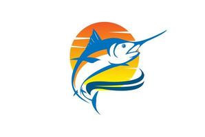 solnedgång havet hav med hoppande tonfisk marlin svärd fisk för fiske sport resor club logotyp design vektor
