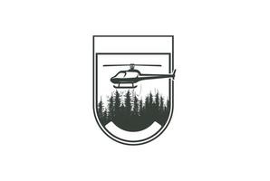 vintage helikopter med tall vintergrön lärk ceder barr granar skog för militär räddning logo design vektor