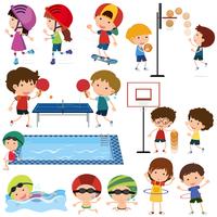 Många barn spelar olika sporter vektor