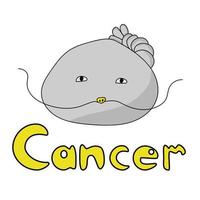 söt rund stjärntecken cancer, rundaktig karaktär med mustasch och svans och inskriptionen vektor