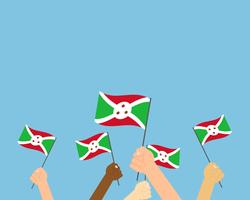 Vector Illustration von den Händen, die Burundi-Flaggen lokalisiert auf blauem Hintergrund halten
