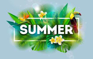Sommarlov Illustration med blomma och toucan fågel på blå bakgrund. Vector Tropical Holiday Design med exotiska palmblad och Phylodendron