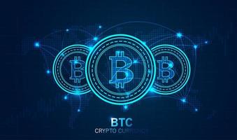 bitcoin digitale währung und weltkugel futuristische digitale geldtechnologie weltweites netzwerk und bitcoin globale netzwerkverbindung. elektronische Kryptowährung und moderne Technologie. Vektordesign vektor